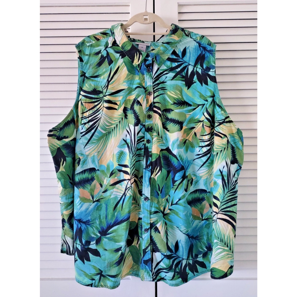 Catherines Plus 5X Sleeveless Button Shirt Blue Hawaiian Palm Top Colorful Beach